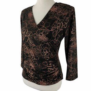 MSK Black Rose Gold Glitter Floral Wrap Top L